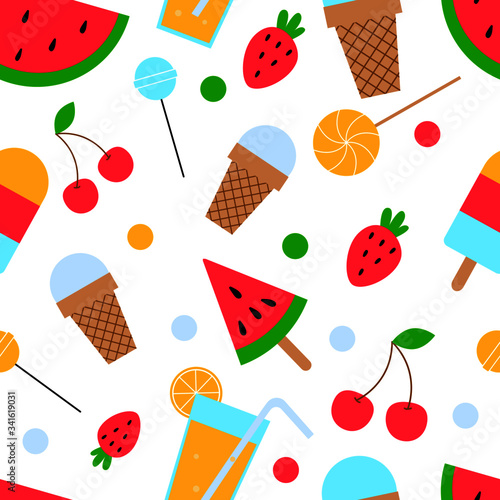 Seamless pattern with bright summer food and drinks - ice cream, lemonade, watermelon, fruits. Illustration in cartoon style.