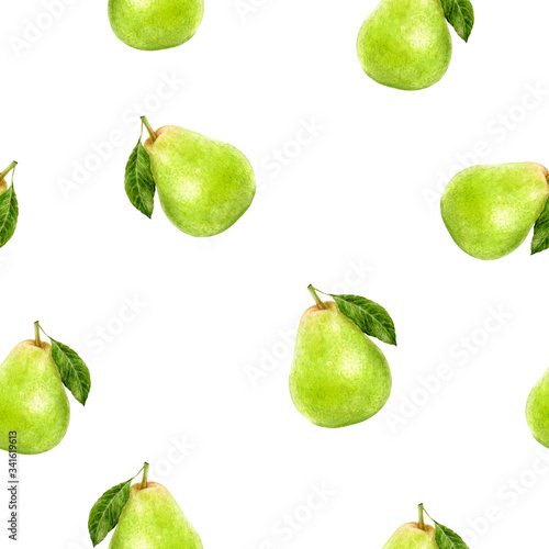 Pear fruit hand drawn watercolor illustration. Seamless pattern.