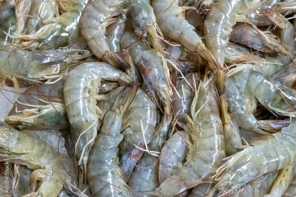 Korlevsky, tiger prawns in a box, at the fish market. Sale of fresh produce. Seafood, delicacy. Gourmet cuisine.