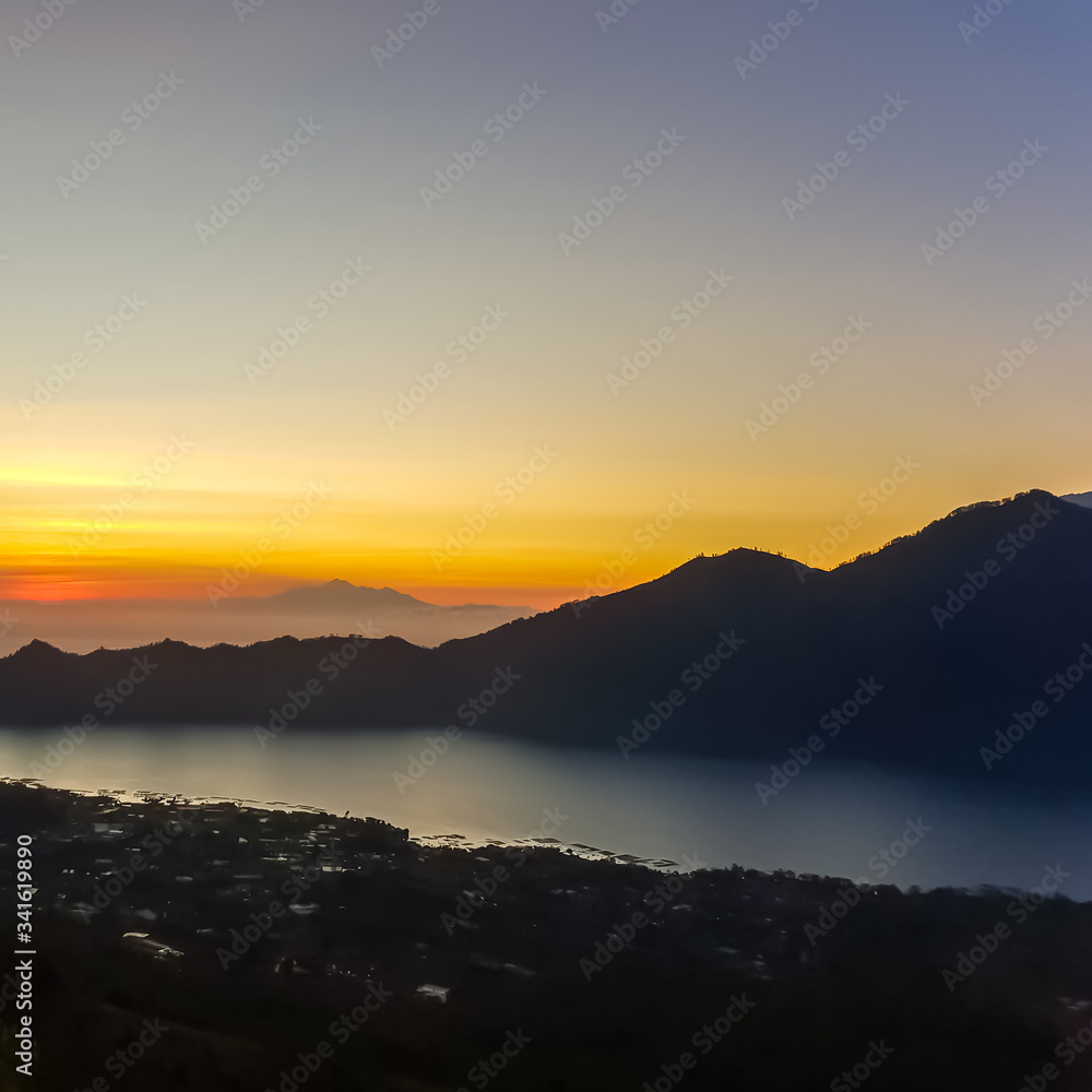 Sunrise panorama view from top of Batur volcano