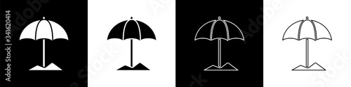 Set Sun protective umbrella for beach icon isolated on black and white background. Large parasol for outdoor space. Beach umbrella.  Vector Illustration
