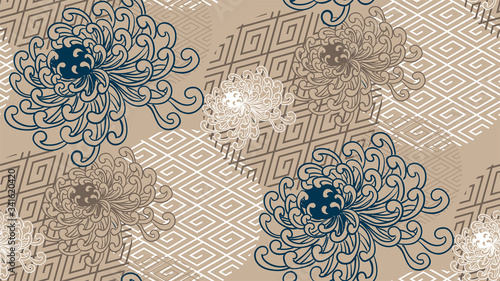 chrysanthemum traditional geometric kimono seamless pattern vector sketch illustration line art japanese chinese oriental design
