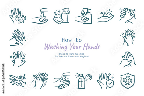 Fototapeta Naklejka Na Ścianę i Meble -  How to wash your hands doodle icon collection