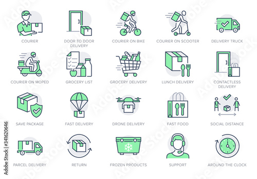 Food delivery line icons. Vector illustration included icon as coutier on bike, door contactless delivering, grocery list outline pictogram for fast distribution. Green Color, Editable Stroke photo