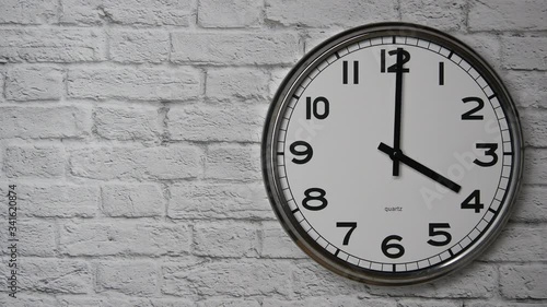 Wallpaper Mural The Time On The Clock Four. Clock With The Black Arrows With The Arabic Numerals On An White Brick Wall Background On The Right Side. Torontodigital.ca