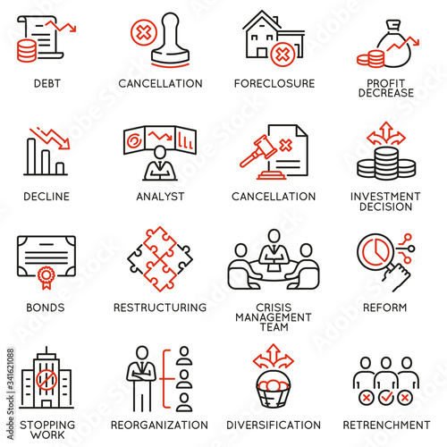 Vector Set of Linear Icons Related to Profit Decline, Finance Segression, Stagnation. Mono line pictograms and infographics design elements - part 2 photo