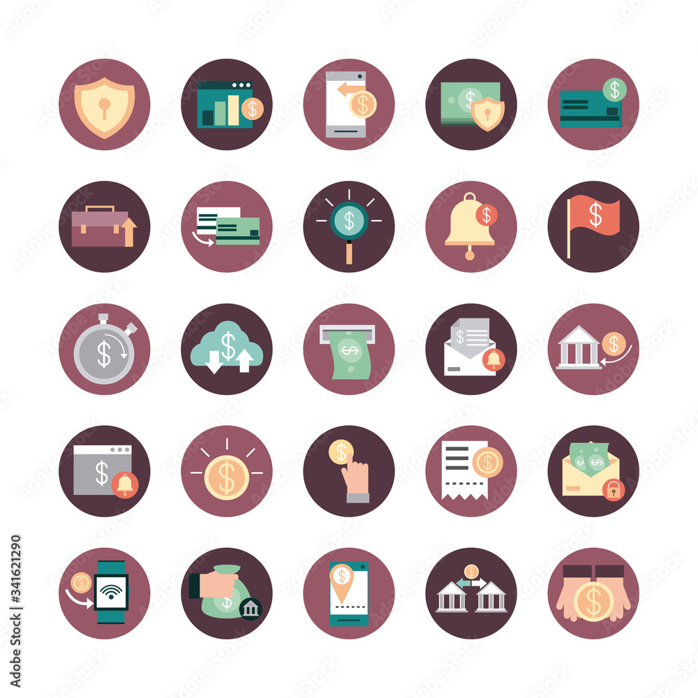 mobile banking, financial payment money business icons set block style mobile banking, financial payment money business icons set block style