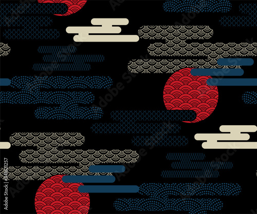 cloud traditional geometric kimono seamless pattern vector sketch illustration line art japanese chinese oriental design