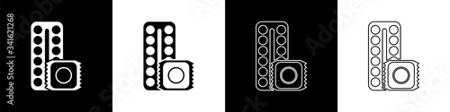 Set Packaging of birth control pills and condom in package safe sex icon isolated on black and white background. Contraceptive pill.  Vector Illustration