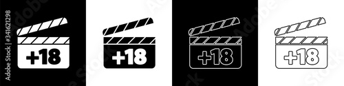 Set Movie clapper with 18 plus content icon isolated on black and white background. Age restriction symbol. Adult channel.  Vector Illustration
