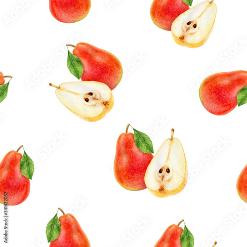Fototapeta Naklejka Na Ścianę i Meble -  Pear fruit hand drawn watercolor illustration. Seamless pattern.