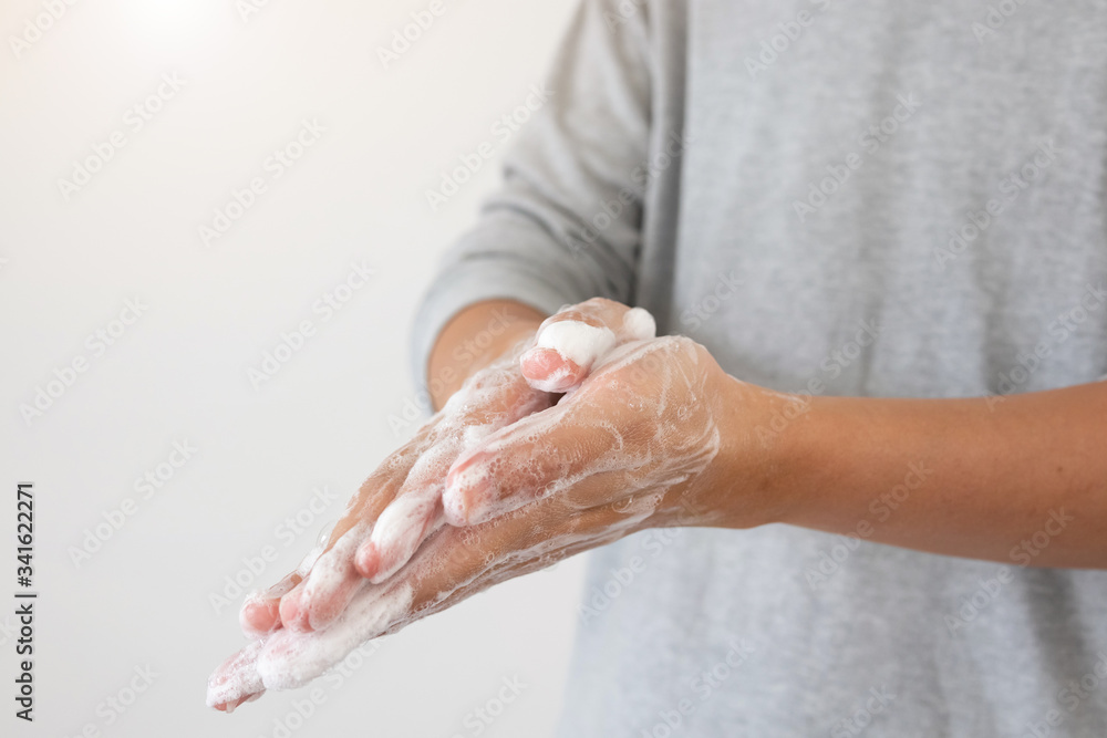 Man wash hands with soap for COVID-19 corona virus prevention concept Man wash hands with soap for COVID-19 corona virus prevention concept
