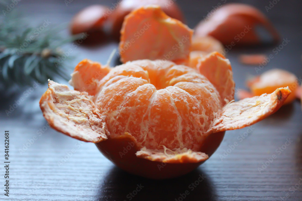 Ripe fresh tangerines or mandarin oranges fruit on the table, top view