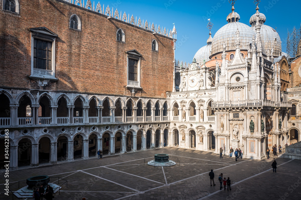Doge's Palace or Palazzo Ducale, Venice, Italy. It is one of the top landmarks of Venice. Ornate courtyard of the old Doge's Palace in the Venice center.