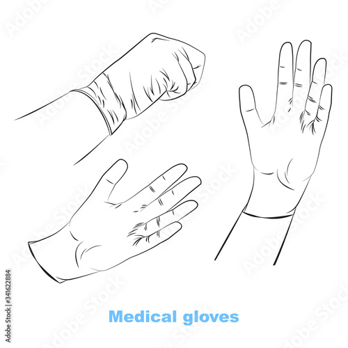Medical sterile gloves set. Hand in gloves vector illustration. Black and white set.