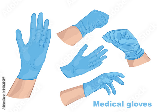 Medical gloves set. Hands in sterile blue gloves. Vector illustration.