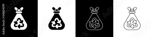 Set Garbage bag with recycle symbol icon isolated on black and white background. Trash can icon. Recycle basket sign.  Vector Illustration