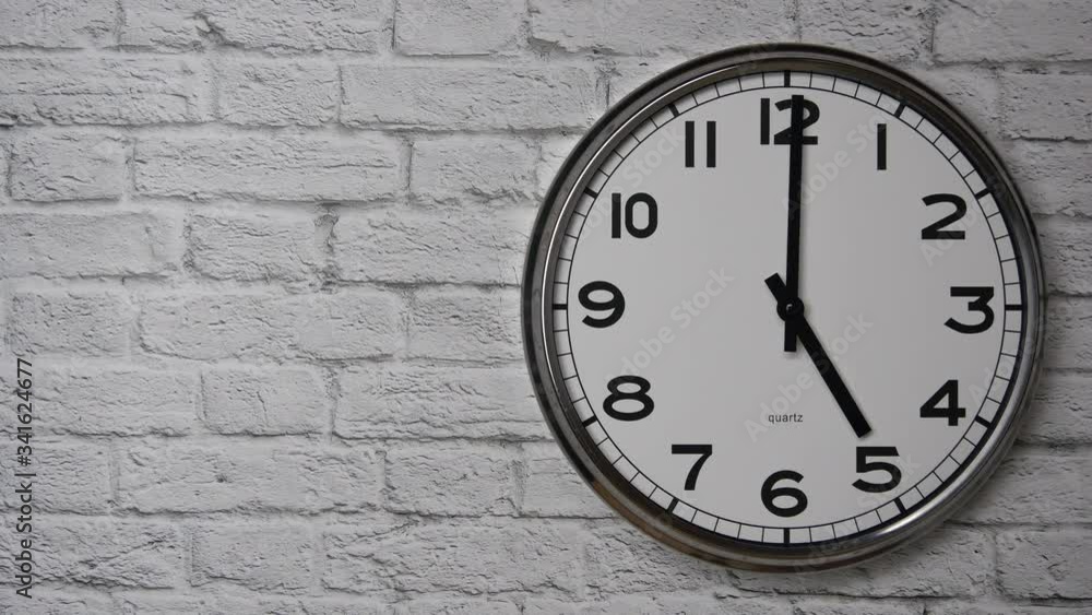 custom made wallpaper toronto digitalThe Time On The Clock Five. Clock With The Black Arrows With The Arabic Numerals On An White Brick Wall Background On The Right Side.