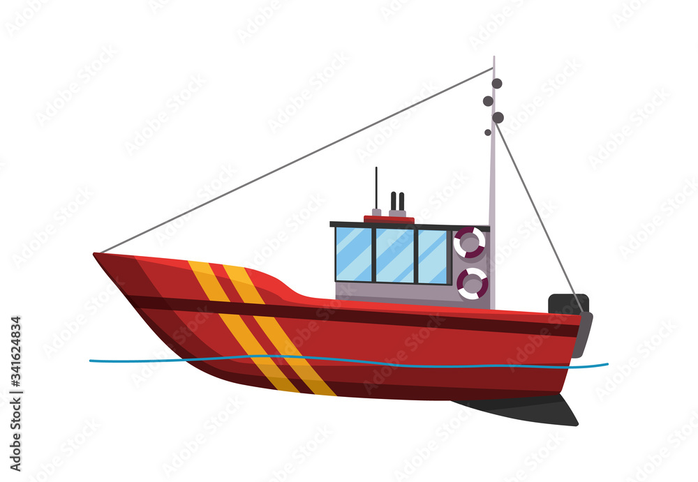 Naklejka premium Fishing boat side view isolated on white background. Fishing commercial ship, fisher sea boat for ocean water, shipping seafood industry. Fisherman boat