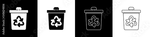 Set Recycle bin with recycle symbol icon isolated on black and white background. Trash can icon. Garbage bin sign. Recycle basket sign.  Vector Illustration