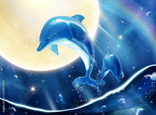 Breaching dolphins with full moon