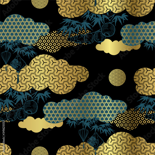 lantern cloud traditional geometric kimono seamless pattern vector sketch illustration line art japanese chinese oriental design