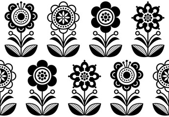 Fototapete Muster im skandinavischen Stil Volkskunstblumen, nahtloses Vektorblumenmuster, skandinavisches sich wiederholendes Schwarz-Weiß-Design, nordische Ornamente  © redkoala