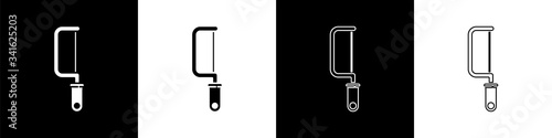 Set Hacksaw icon isolated on black and white background. Metal saw for wood and metal.  Vector Illustration