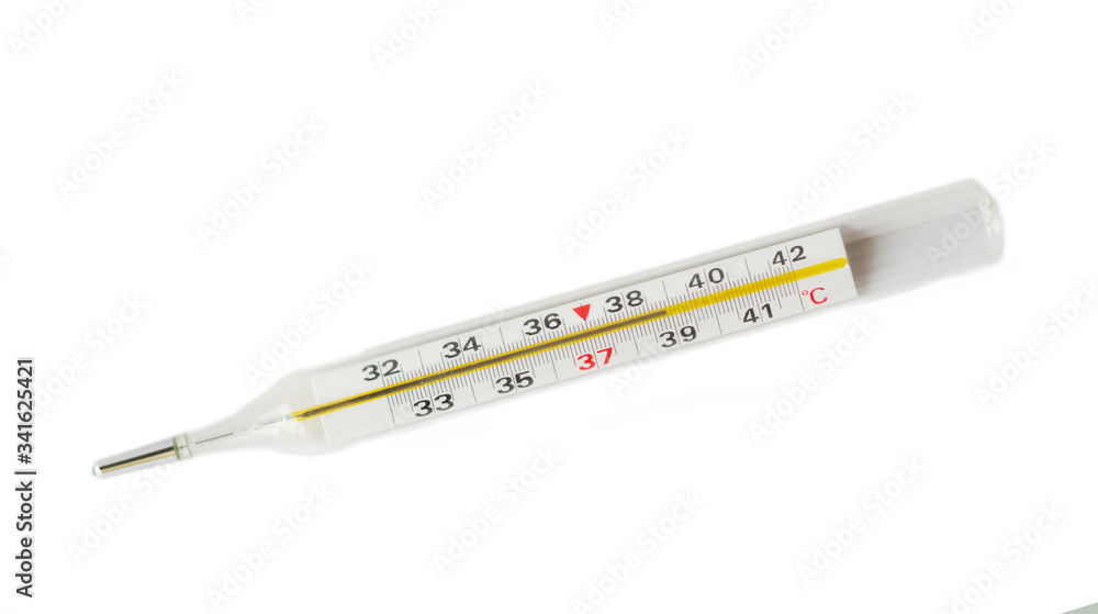 Thermometer with high temperature on a white background, covid-19 Thermometer with high temperature on a white background, covid-19