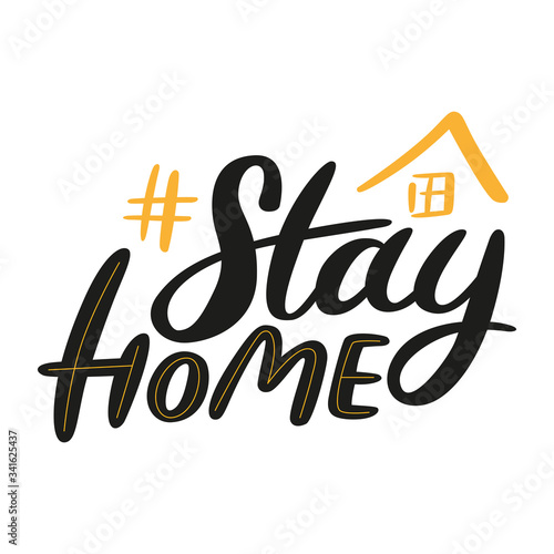 Stay home handdrawn lettering with hashtag. Quarantine motivational calligraphy phrase. Vector design for social media, network, poster and prints. Coronavirus Covid-19 awareness.