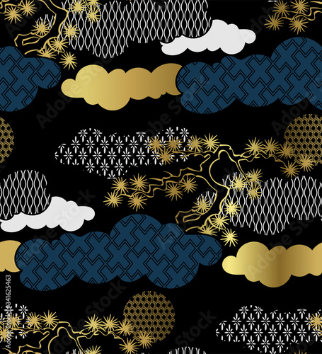 pine cloud traditional geometric kimono seamless pattern vector sketch illustration line art japanese chinese oriental design