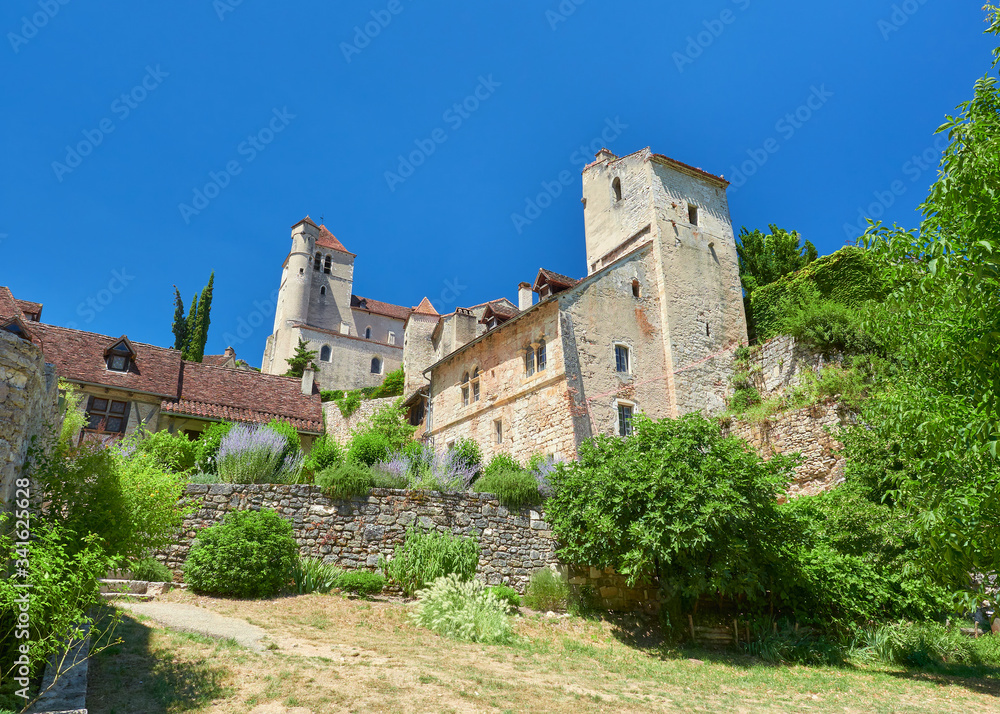 View of the urban gardens of the old town of Saint-Cirq-Lapopie, one of the most beautiful villages in France (Les Plus Beaux Villages de France), Lot River valley, Causses du Quercy Natural Park