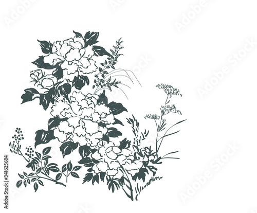 chrysanthemum card nature landscape view vector sketch illustration japanese chinese oriental line art design