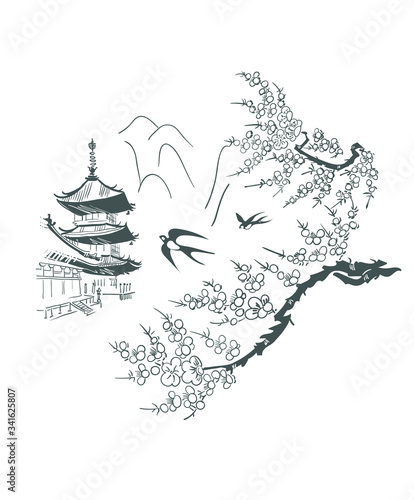 temple view mountains card nature landscape view vector sketch illustration japanese chinese oriental line art design