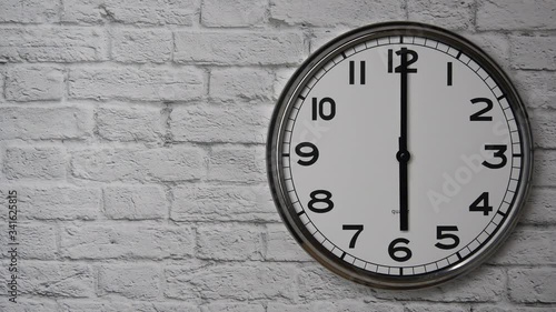 Wallpaper Mural The Time On The Clock Six. Clock With The Black Arrows With The Arabic Numerals On An White Brick Wall Background On The Right Side. Torontodigital.ca