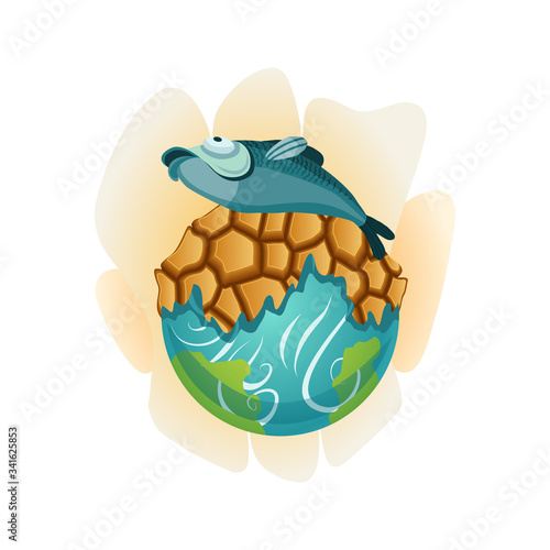 Earth global warming. Vector planet with dried up land and dead fish. Warning ecology poster. Concept global drought. Poorly globe character of cartoon earth