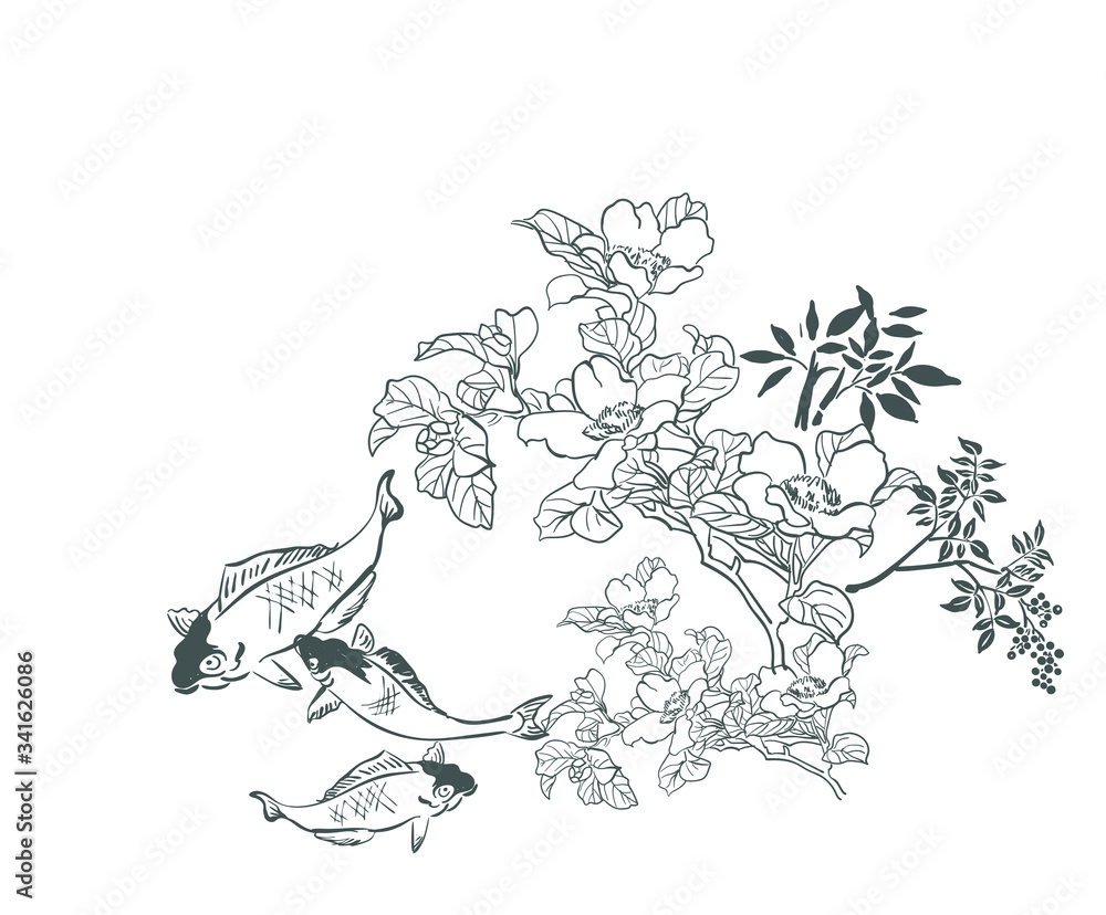 fish koi carp flowers card nature landscape view vector sketch illustration japanese chinese oriental line art design