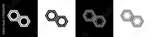 Set Hexagonal metal nut icon isolated on black and white background.  Vector Illustration