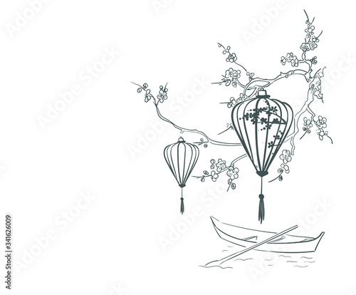 paper lanterns card nature landscape view vector sketch illustration japanese chinese oriental line art design