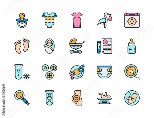 Set of Pregnancy Flat Color Line Icons. Newborn, Dna Tests, Embryos and more.