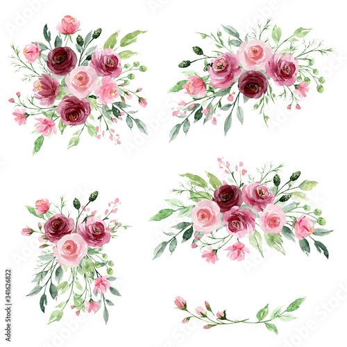 Watercolor floral set with bouquets flowers. Pink and burgundy roses hand drawing. Isolated on white. Perfectly for print design greeting card, wedding decoration, poster.