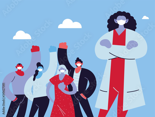 people and female doctor with medical face mask, fight coronavirus