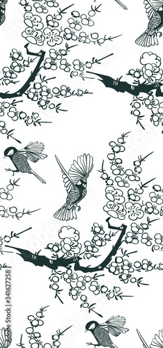 Photography birds bamboo japanese chinese design sketch ink paint style seamless pattern