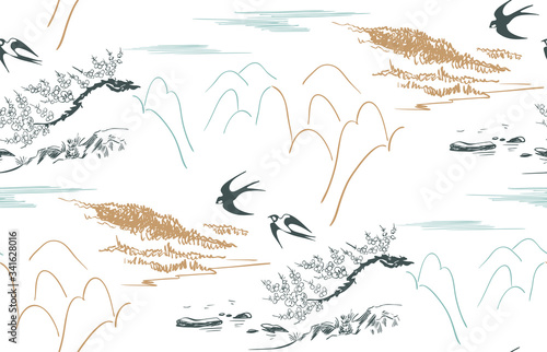 swallow mountains japanese chinese design sketch ink paint style seamless pattern
