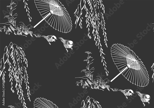 umbrella sakura japanese chinese design sketch ink paint style seamless pattern