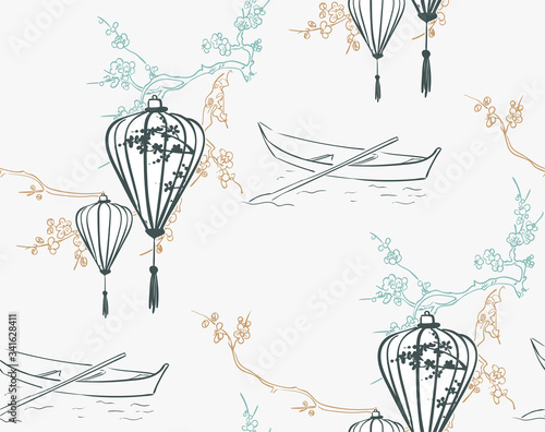 lantern japanese chinese design sketch ink paint style seamless pattern