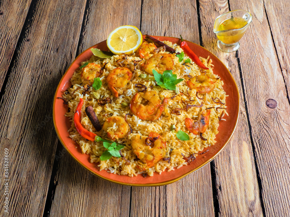 Pilaf with shrimp. Tasty and delicious prawns biryani. Pilaf with shrimp. Tasty and delicious prawns biryani.