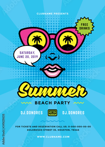 Summer beach party flyer or poster template 90s pop art typography style design