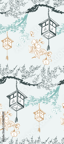 lantern japanese chinese design sketch ink paint style seamless pattern