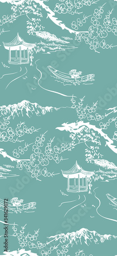 Fototapeta Naklejka Na Ścianę i Meble -  temple japanese chinese design sketch ink paint style seamless pattern